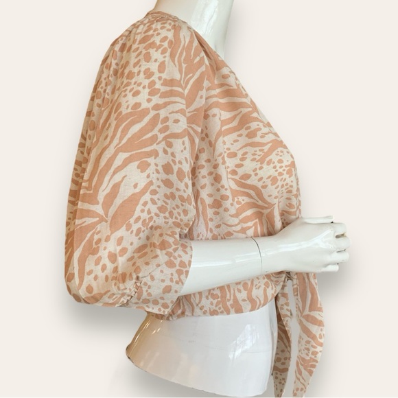 MIDNIGHT SKY CARMEL ZEBRA PRINT TIED LINEN BLEND BLOUSE women’S SIZE MEDIUM - Picture 3 of 9